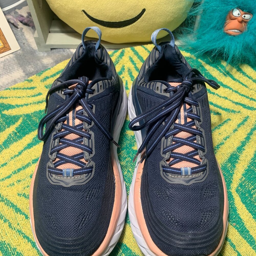 Women's Size 8.5 HOKA One One "Bondi 6" Athletic Shoes Navy Blue w/ Peach Trim - Picture 3 of 11